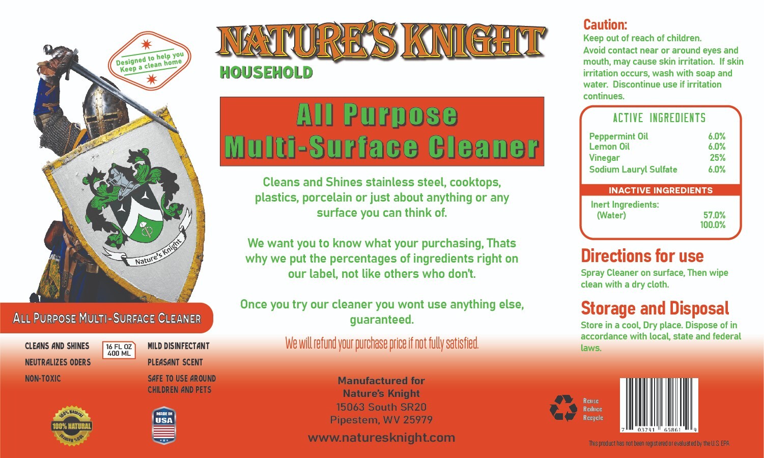 Natural All Purpose Multi Surface Cleaner, Non-Toxic, Deodorizes, Green Cleaner
