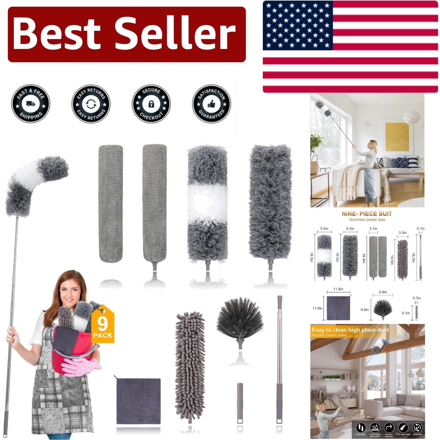 Ultimate 9-Piece Extendable Microfiber Duster Kit: 30 to 100 Inches for Every…