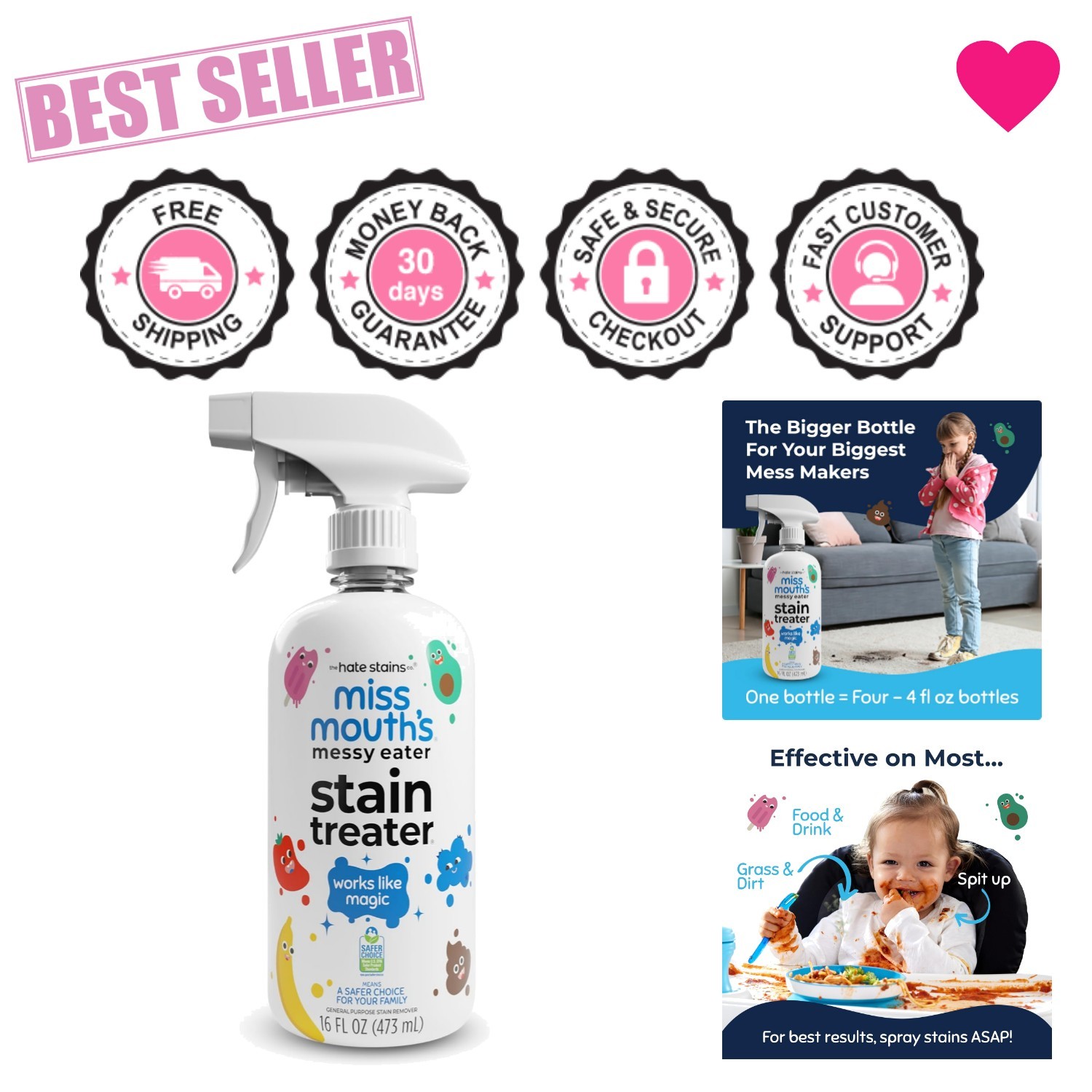 Biodegradable Stain Remover Spray for Kids – 16oz Powerful & Safe Formula