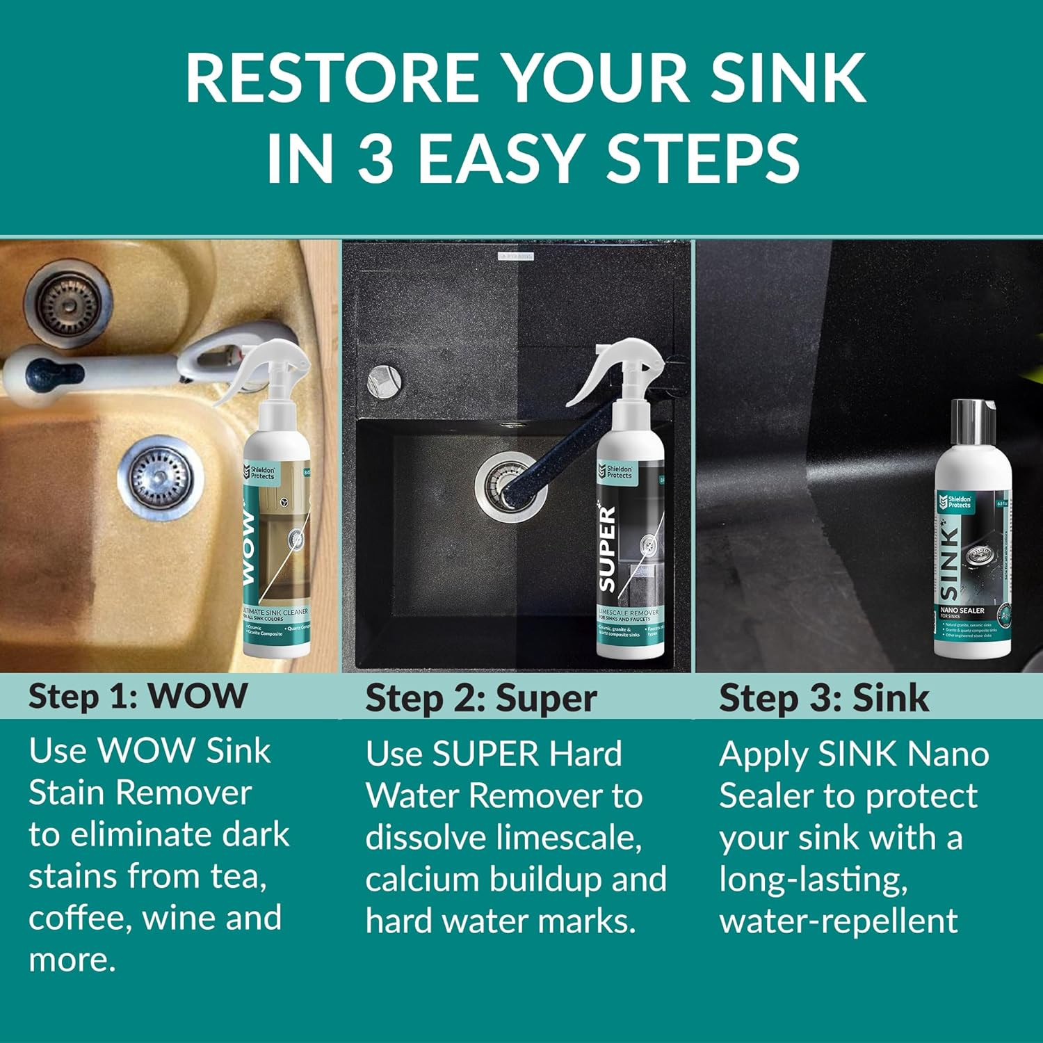 Sink Restorer Kit – 3-Step System: Heavy Duty Kitchen Sink Cleaner, Hard Water S