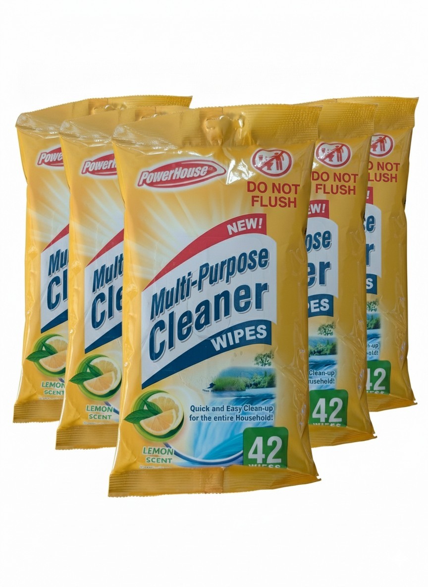 PowerHouse Multi‑Purpose Cleaner Wipes Lemon Scent – 5 Pack (42 Each) Household