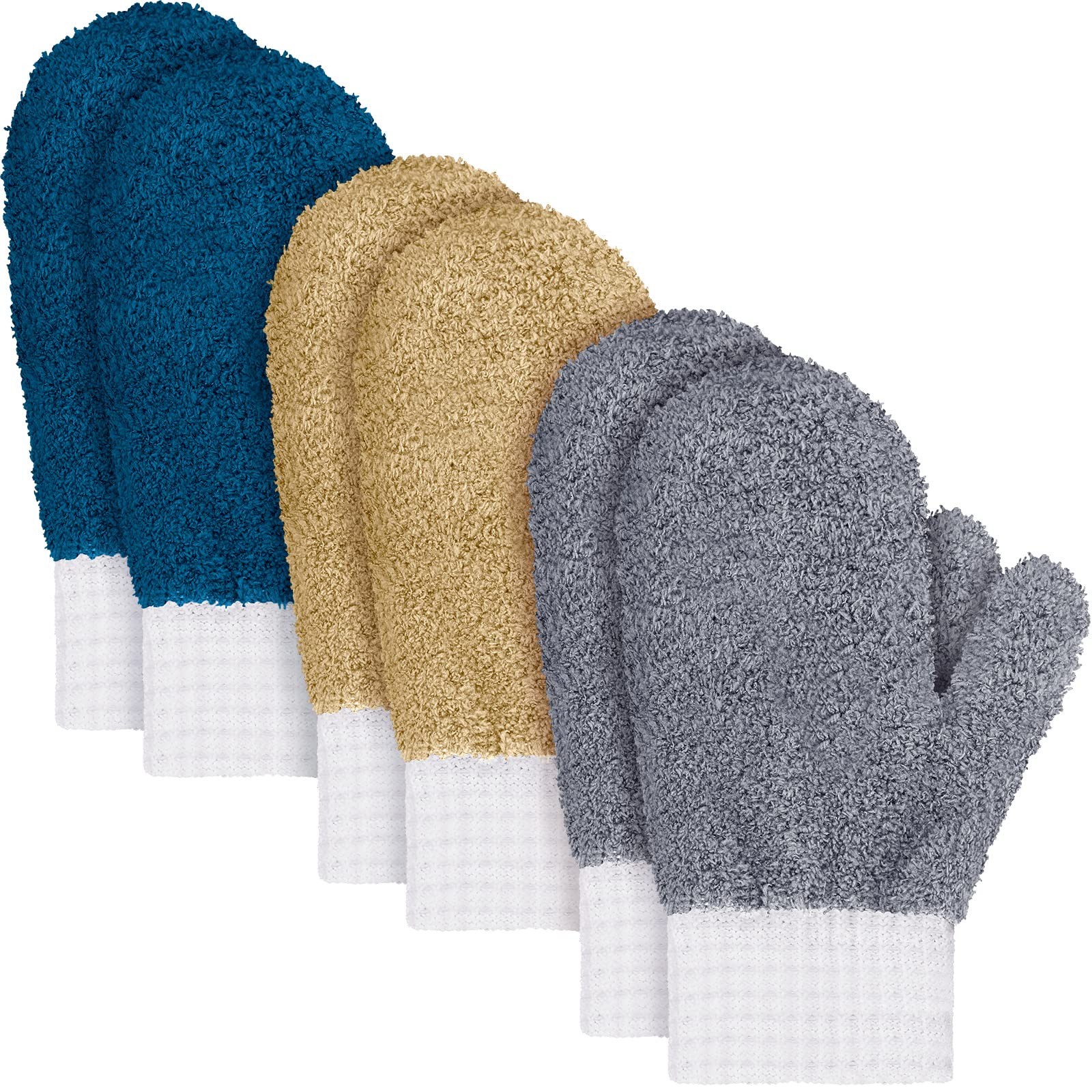 BBTO 3 Pairs Microfiber Dusting Mitt with One Size, Dark Blue, Gray, Khaki
