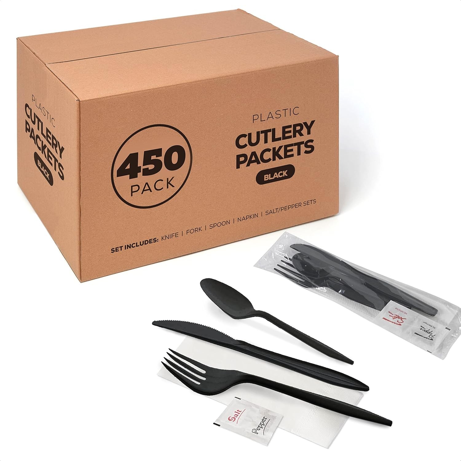 450 Black Plastic Cutlery Packets – Knife, Fork, Spoon, Napkin, Salt, Pepper S