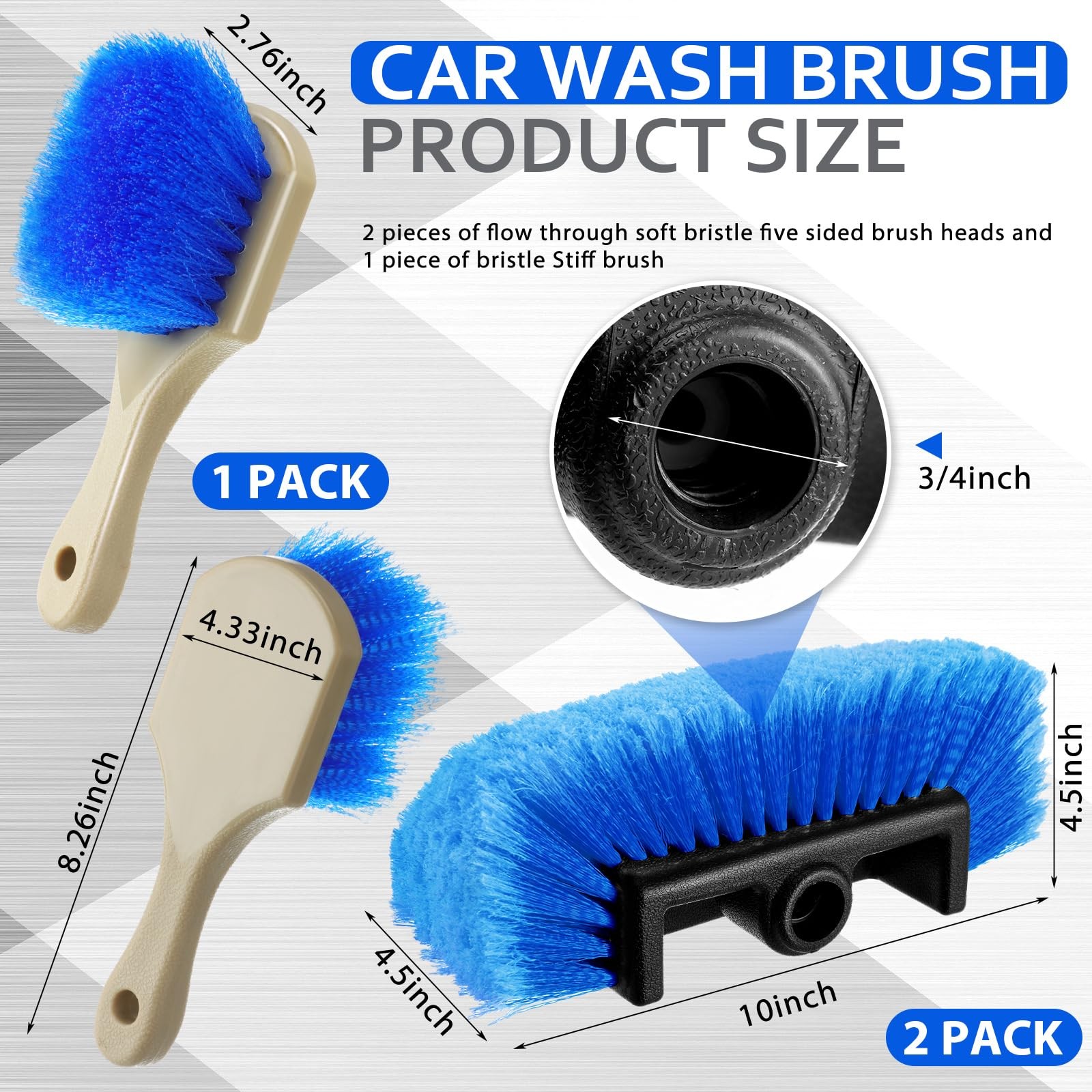 2 Pcs 10 Inch Car Wash Brush Head with Soft Detailing Bristle Flow Through