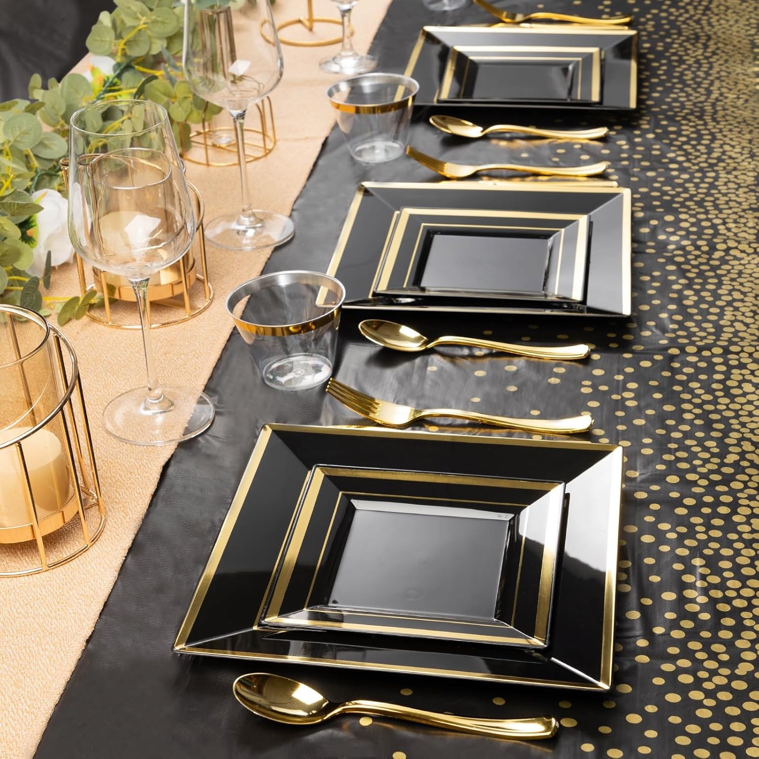 Goodluck 352 Pieces Black Dinnerware Set for 50 Guests, Black Square Plastic P