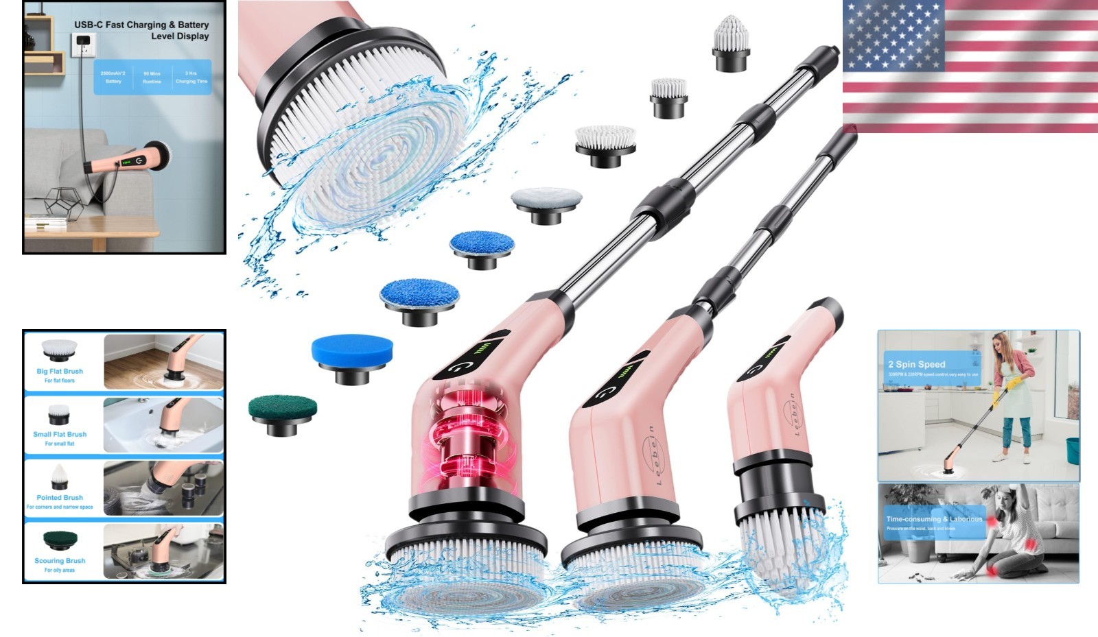 Electric Spin Scrubber with Long Handle and 8 Brushes – Rose