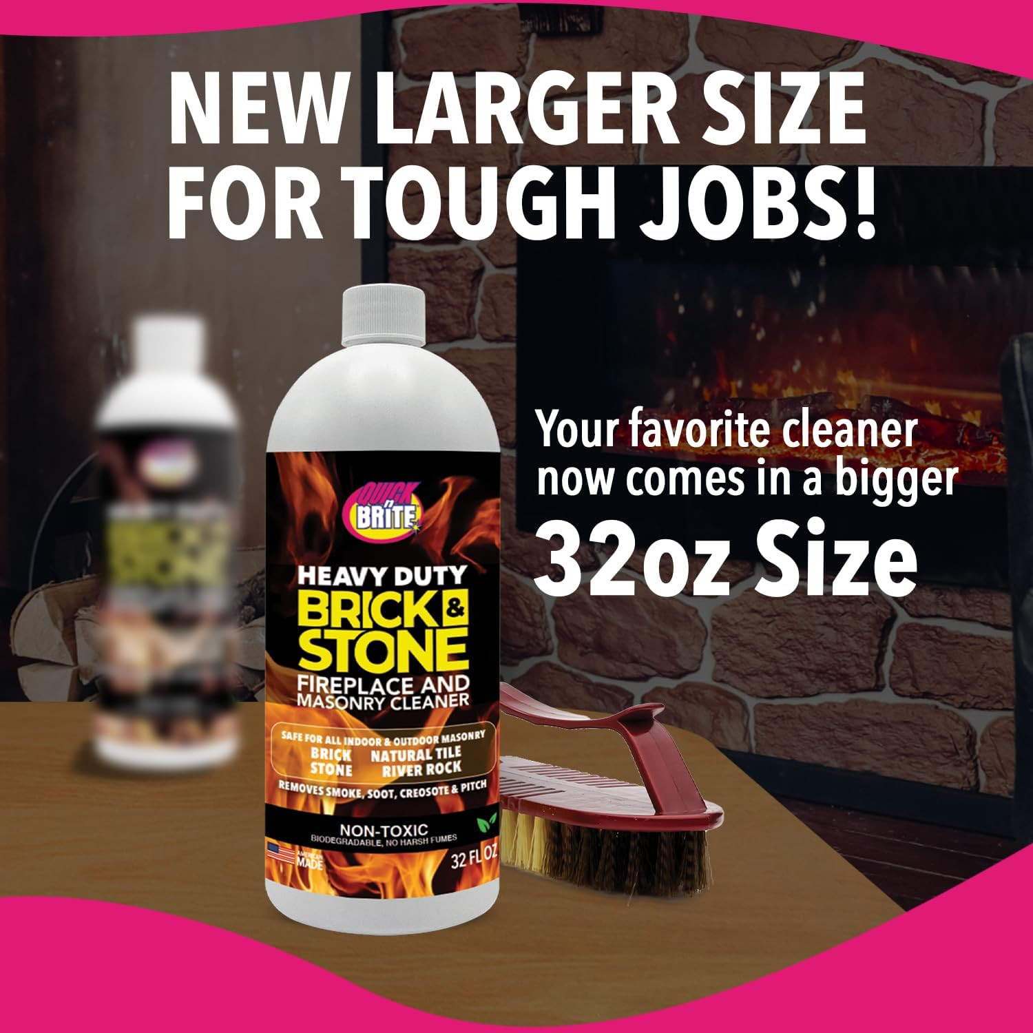 Quick’N Brite Fireplace Brick and Stone Cleaner 32Oz with Scrub Brush – Natural