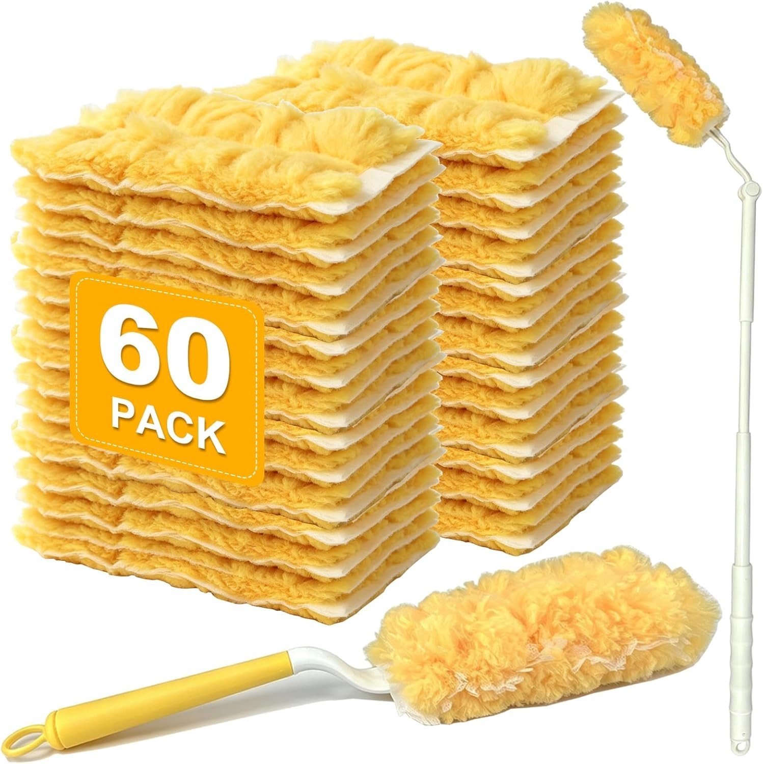 60 Count Heavy Duty Duster Refills, 360° Feather Duster with 2 Handle