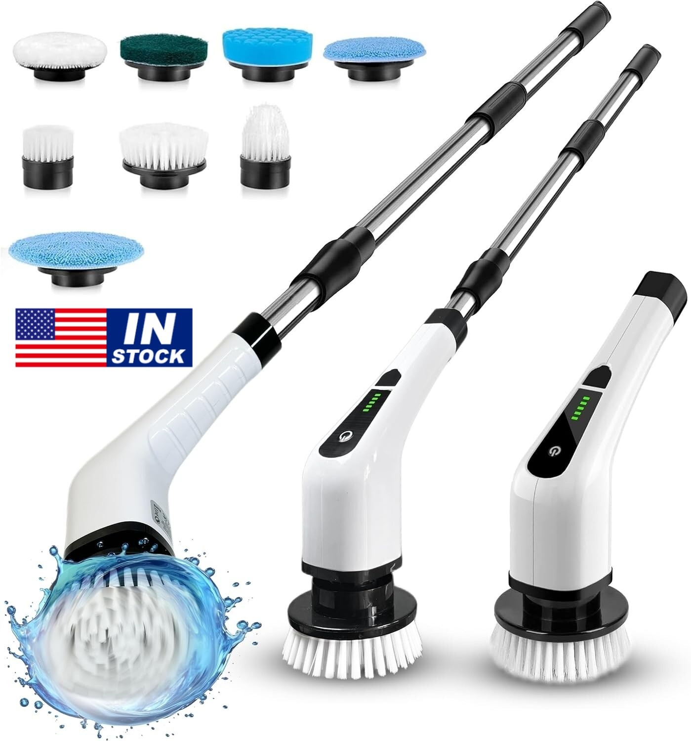 Electric Rotating Washer, Long Handle For Shower Cleaning Brush w/6 Brush Heads