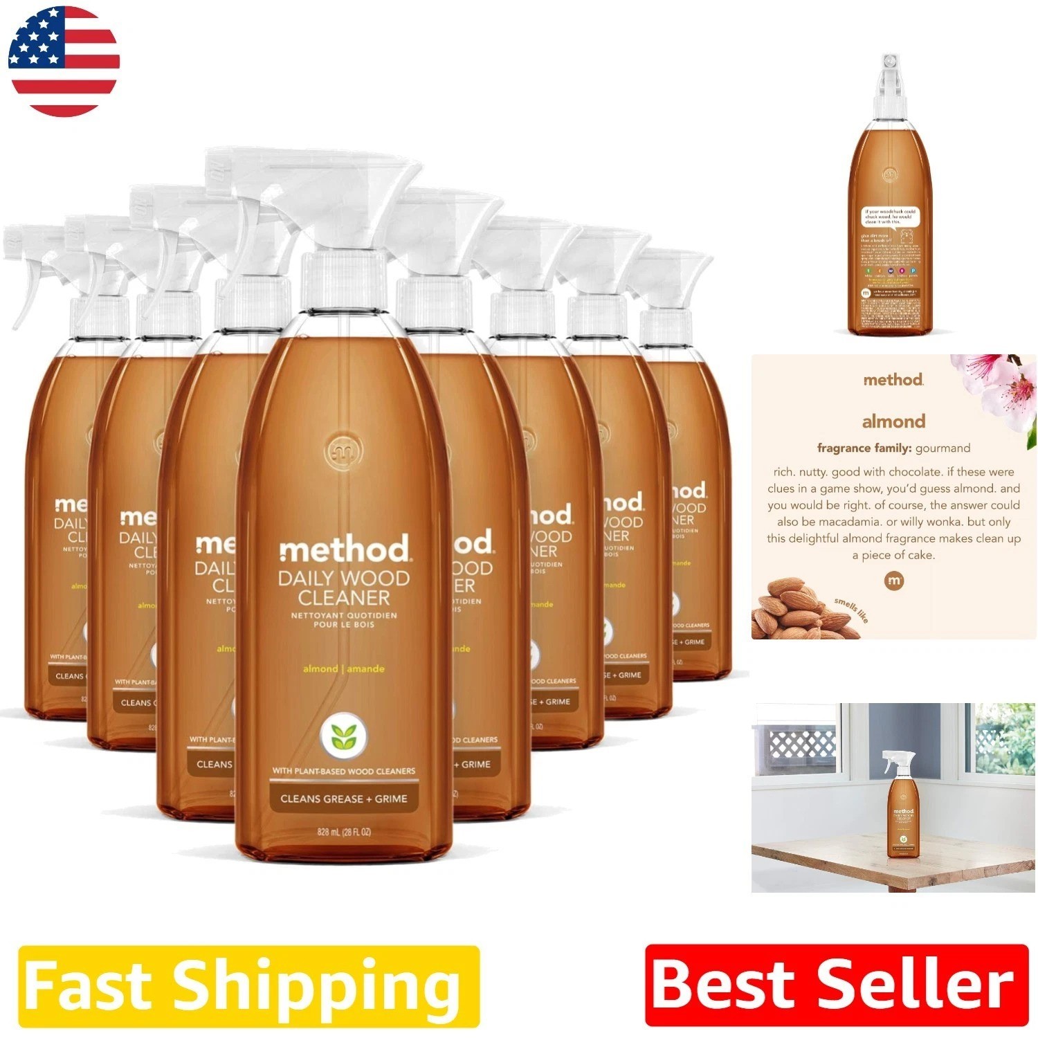 Eco-Friendly Method Almond Wood Cleaner 8x28oz Biodegradable & Recycled Bottle