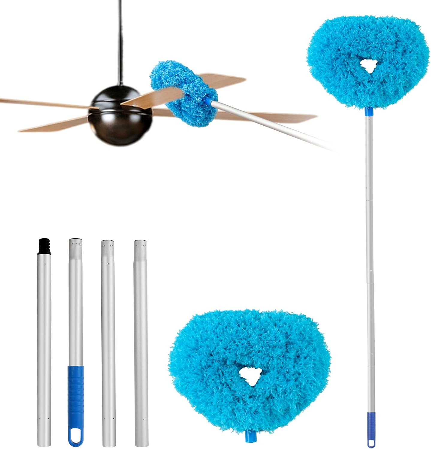 Limpiador ventilador techo microfibra reutilizable con mango extensible azul