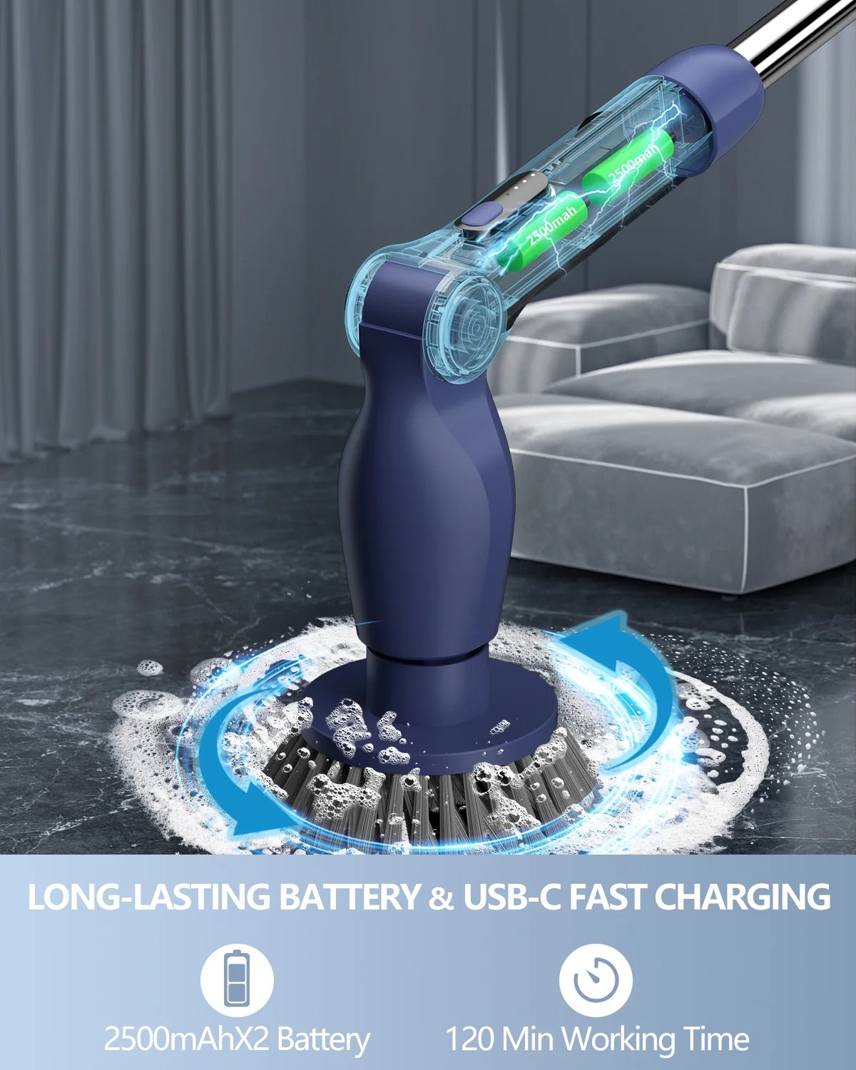 Cordless Electric Spin Scrubber Bath Tub Power Scrubber Long Handle Brush Heads