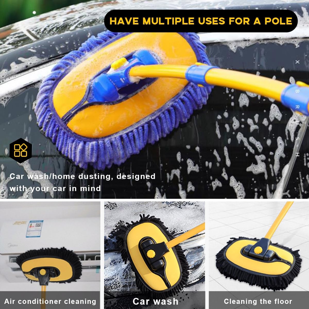 Car Wash Brush Kit, 40″ Auto Wash Mop with 15° Curved Extendable Long Handle,…