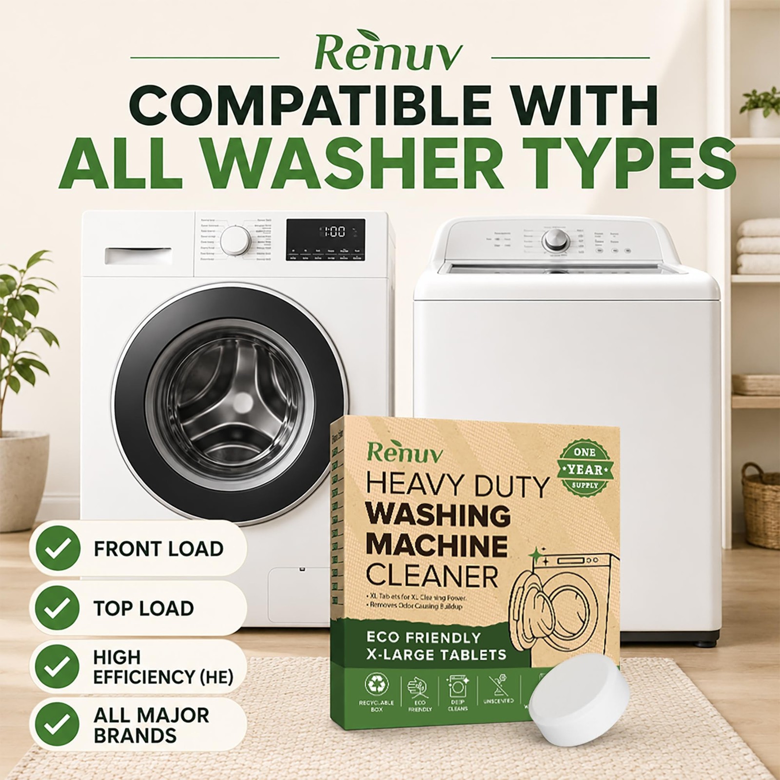 Renuv® Heavy Duty Washing Machine Cleaner and Descaler – Deep Cleaning Tablet…