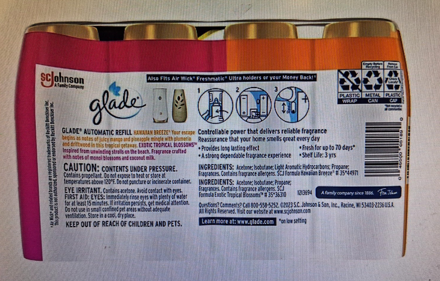 HAWAIIAN BREEZE/BLOSSOMS GLADE AUTOMATIC SCENTED SPRAY CANS, (4-6.2 oz REFILLS)