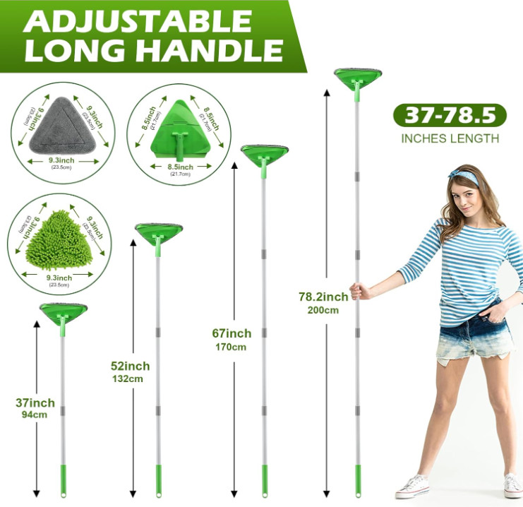 Mopa Triangular Limpia Paredes 82” Mango Largo Microfibra Verde, Nuevo