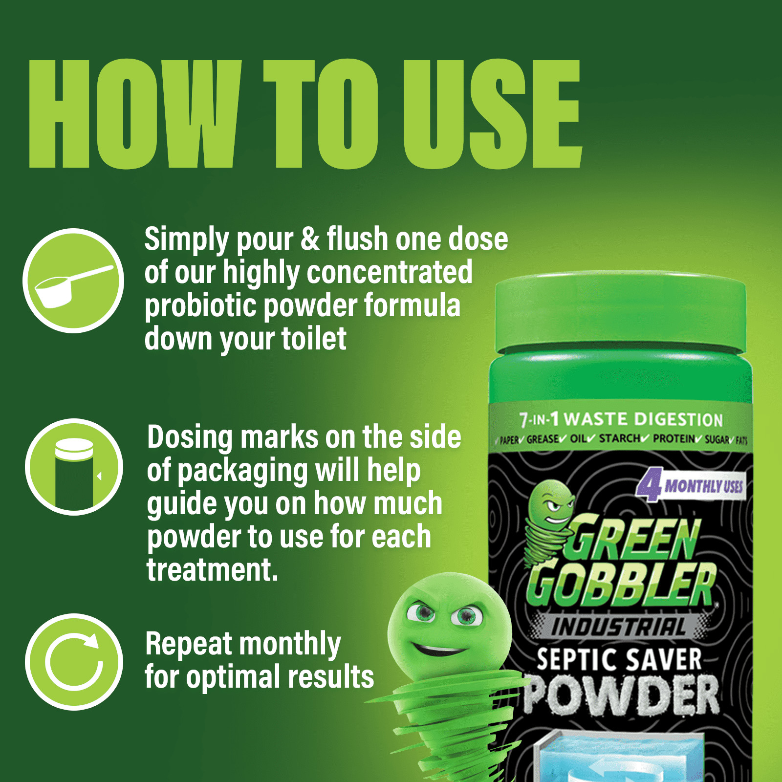 Green Gobbler Industrial Septic Saver Tank Treatment Powder – 4 Monthly Doses