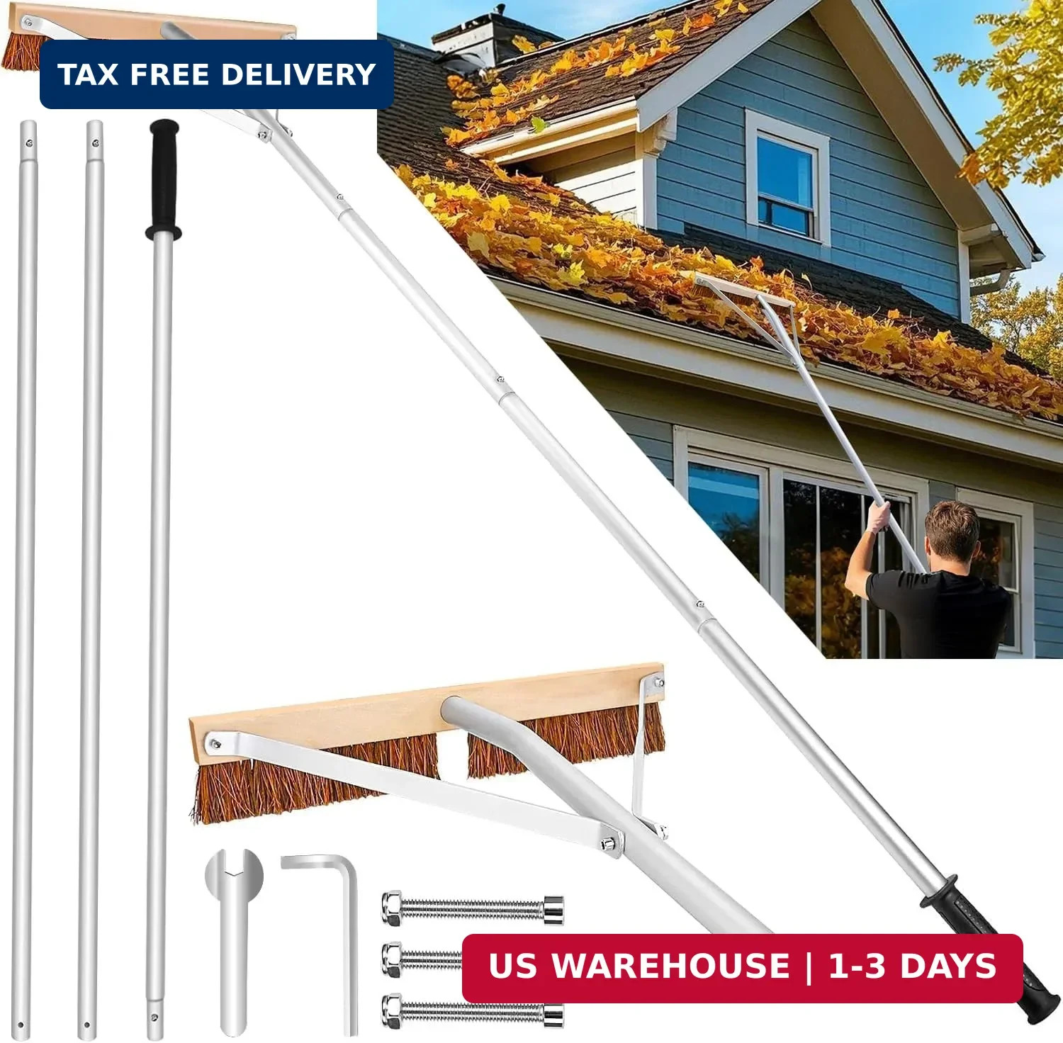 Leaf Roof Brush and Roof Rake, Adjustable Length Roof Cleaning Tool, Remove Roof