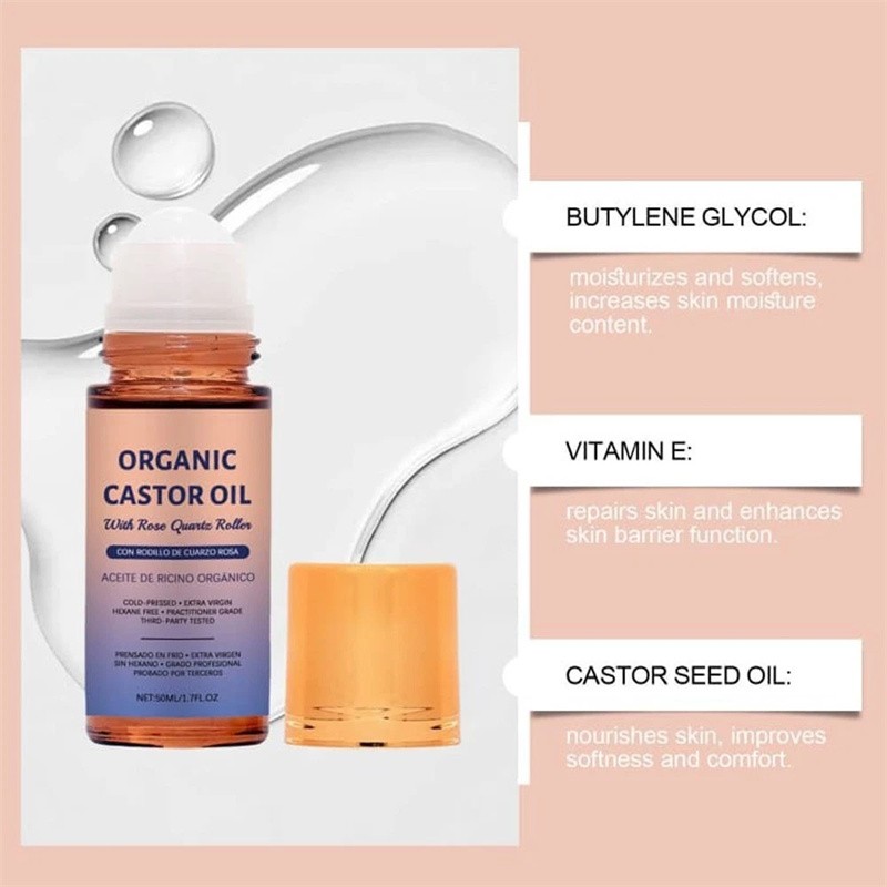 Organic Golden Castor Oil Roll-On with Rose Quartz for Skin,Hair&Wrinkle