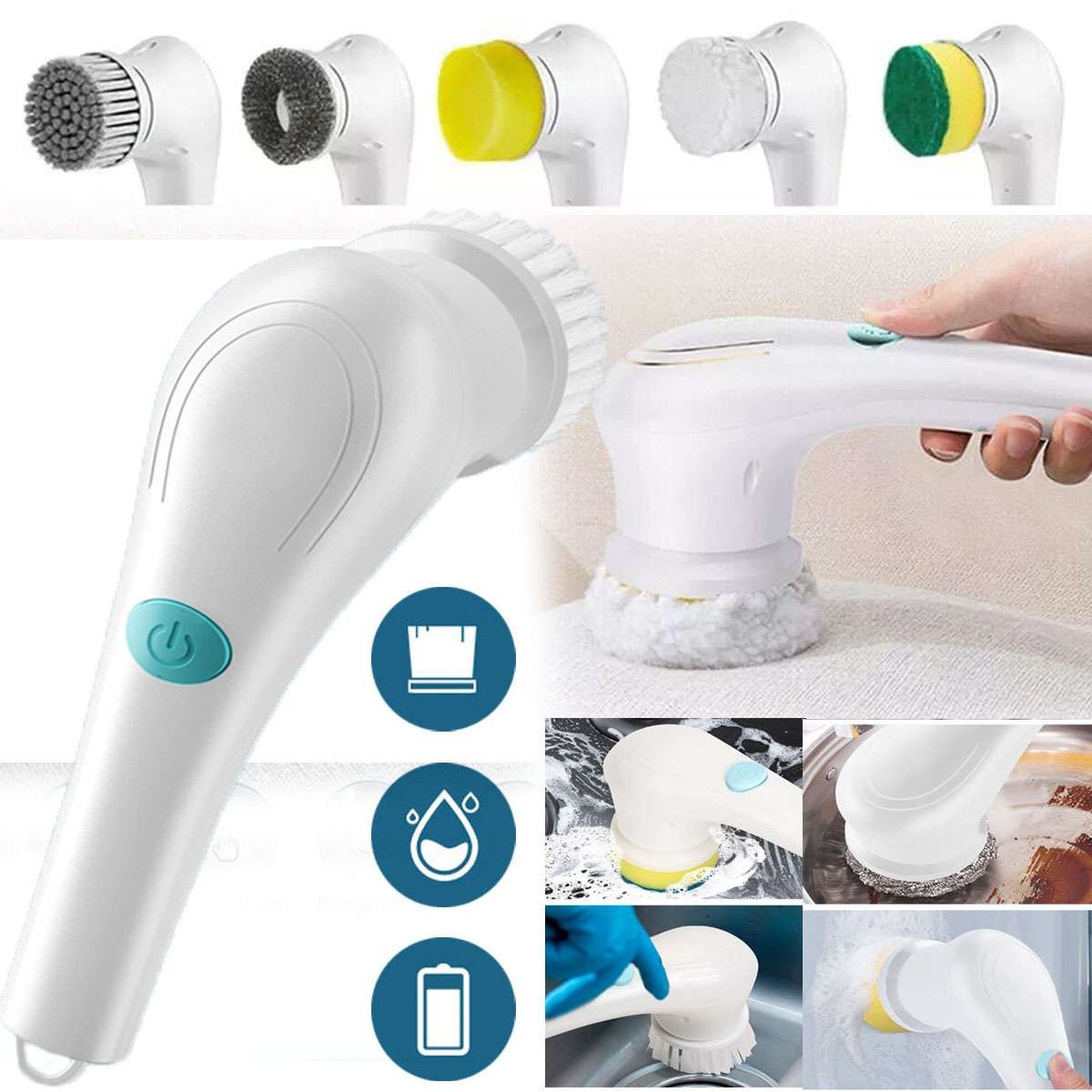 5 in 1 Electric Spin Scrubber Cordless Cleaning Brush Rotating Bathroom Clean US