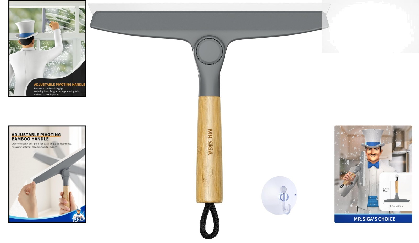 Modern Shower Squeegee with Bamboo Handle – Streak-Free, Suction Hook Included