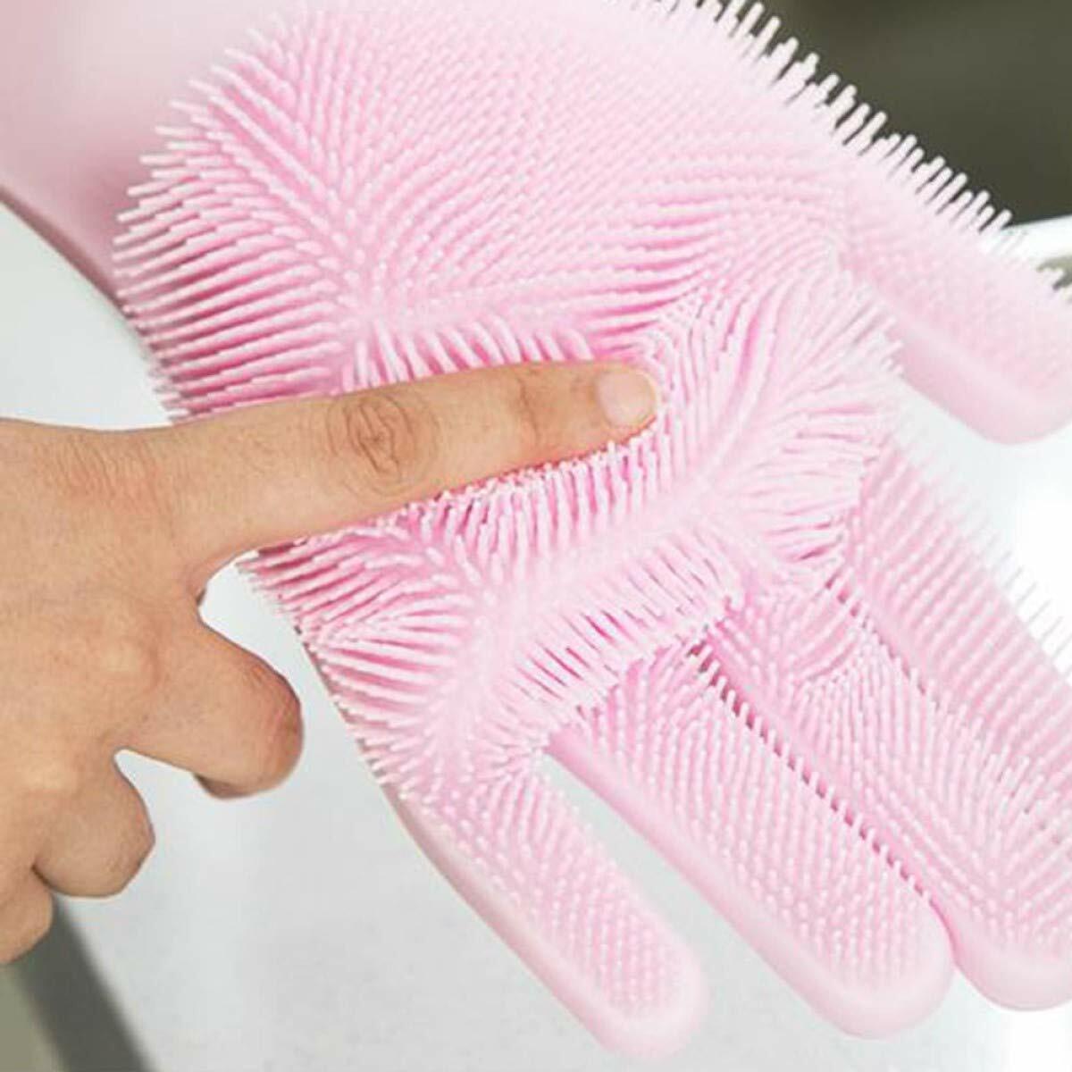 Reusable Silicone Gloves Scrubbing Glove Bristles Scrubber Dishwashing Pink