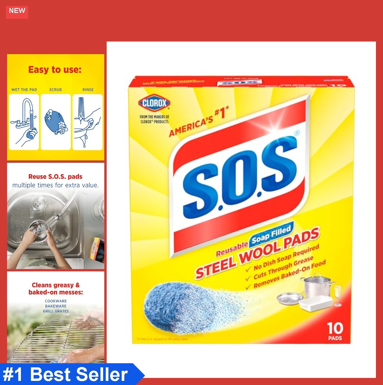 Steel Wool Soap Pads 10 Count Heavy Duty Scouring Sponge Kitchen Cleaning Tough
