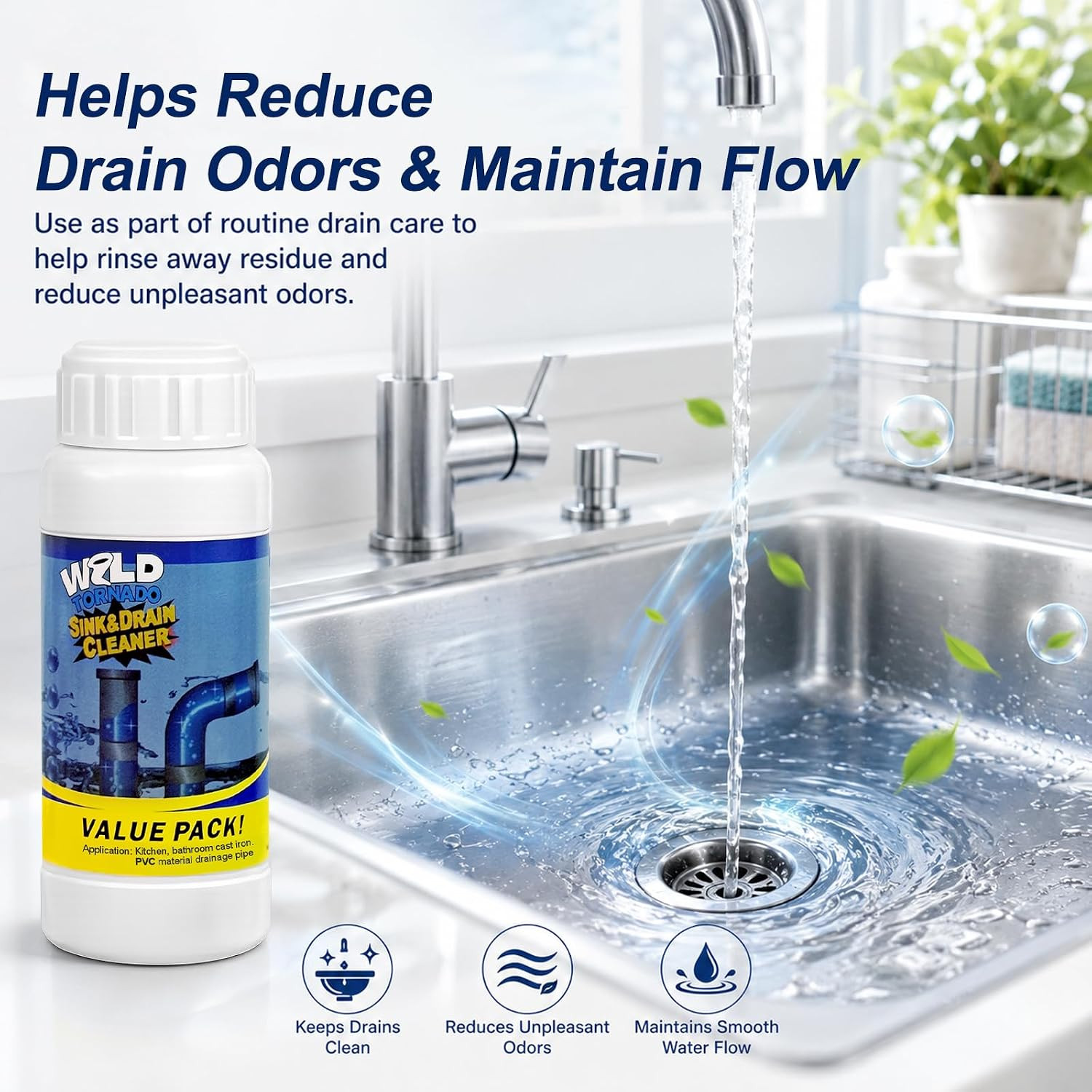 Wild Tornado Sink and Drain Cleaner Powder, Effectively Breaks Down Grease, Hair