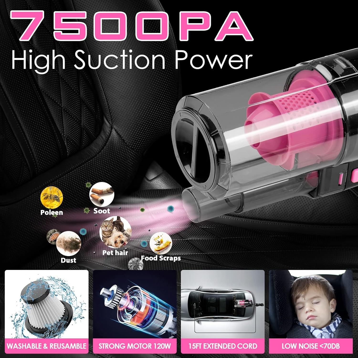 17pc Car Cleaning Kit with Handheld Vacuum and Interior Detailing Tools Pink