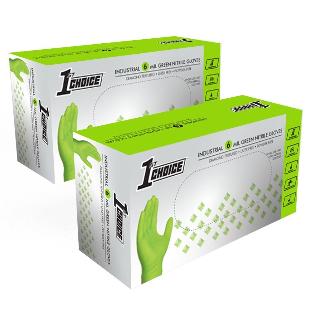 1st Choice 6 mil Green Gloves, Disposable, Latex Free, Raised Medium,