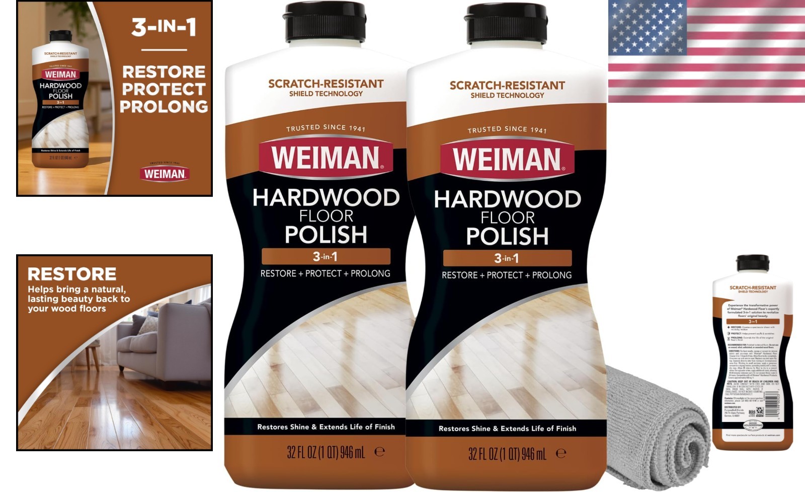 3PC Wood Floor Care Bundle – 32 Oz Restorer with Natural Shine & Scratch Repair