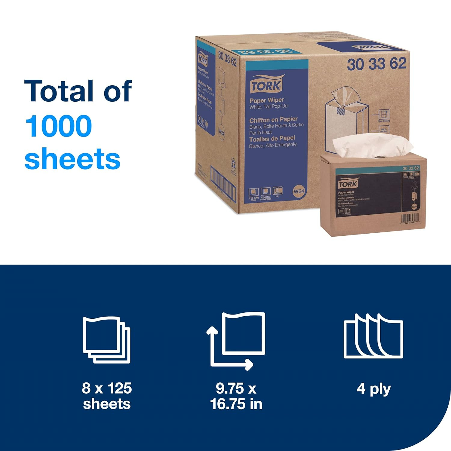 Paper Wiper White Self Dispensing, Pop-Up Box, 8 X 125 Sheets, 303362