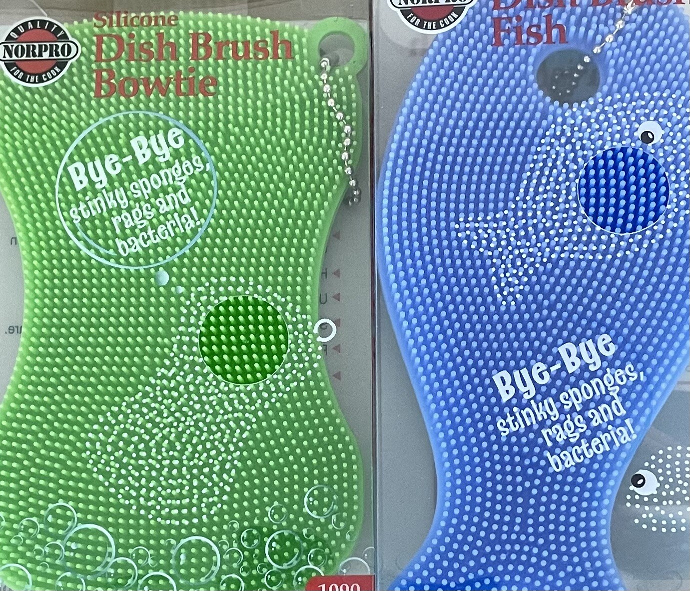 NEW NORPRO SILICONE DISH BRUSH BLUE FISH & GREEN BOWTIE SET OF 2