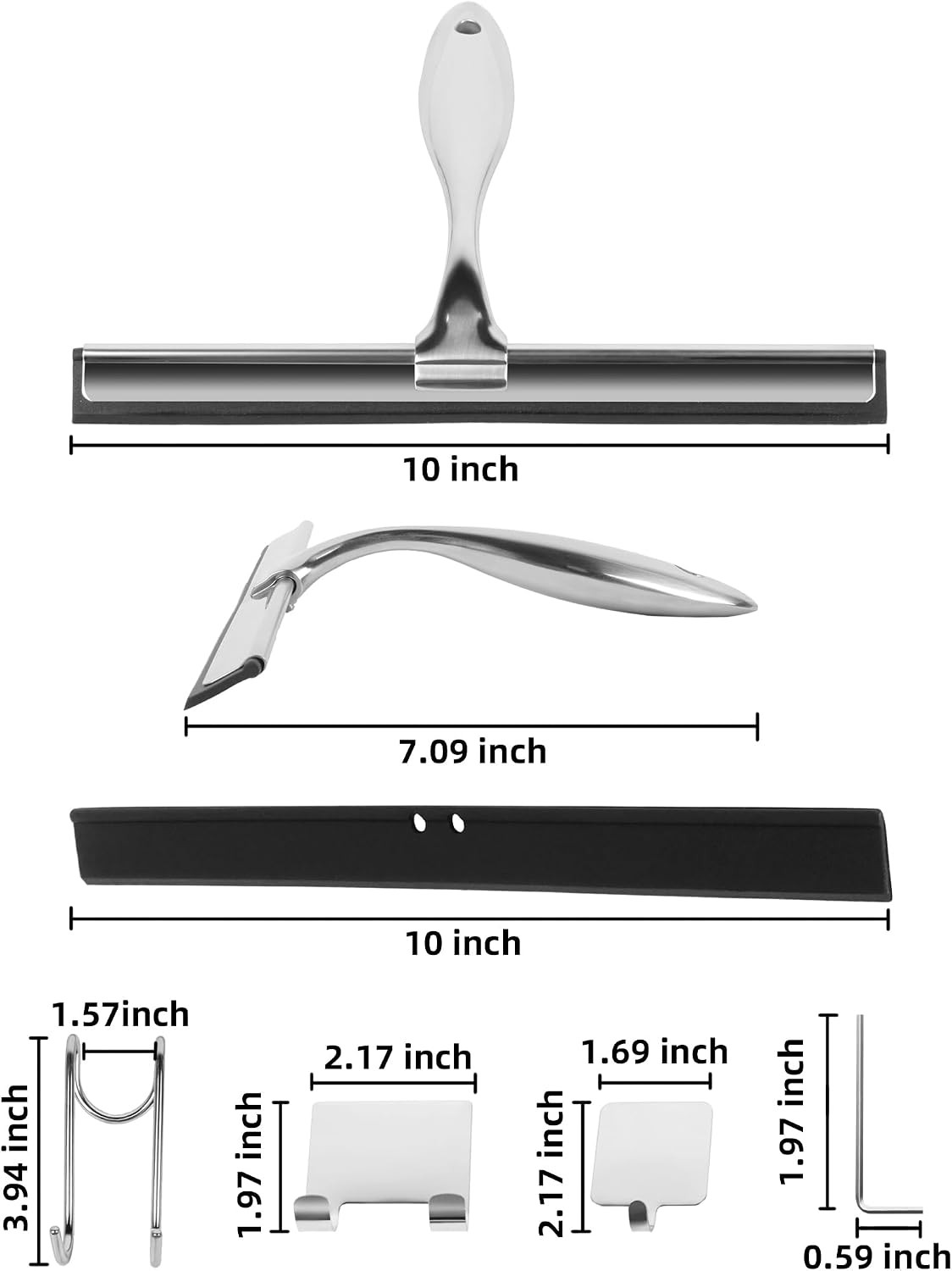 All-Purpose Stainless Steel Shower Squeegee Come with S Hook, 2 Square Sticky Ho