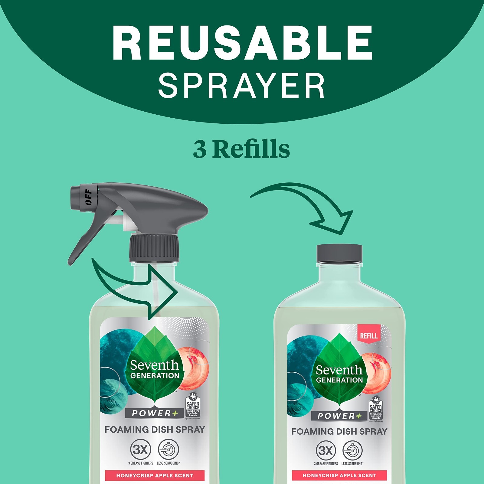 Foaming Dish Spray Refill Pack of 3 – Honey Crisp Apple Scent, 16 Fl Oz Each