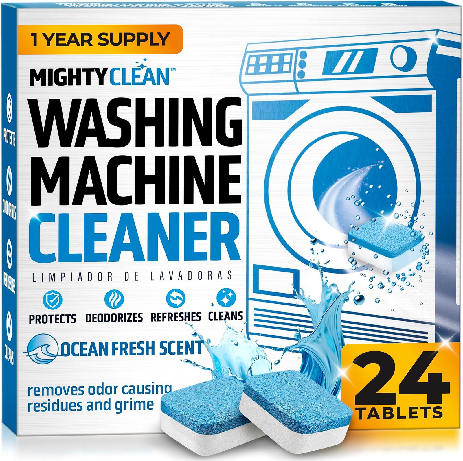 MIGHTY CLEAN Washing Machine Cleaner Tablets 24 Pack – 1 Year Supply, Septic …