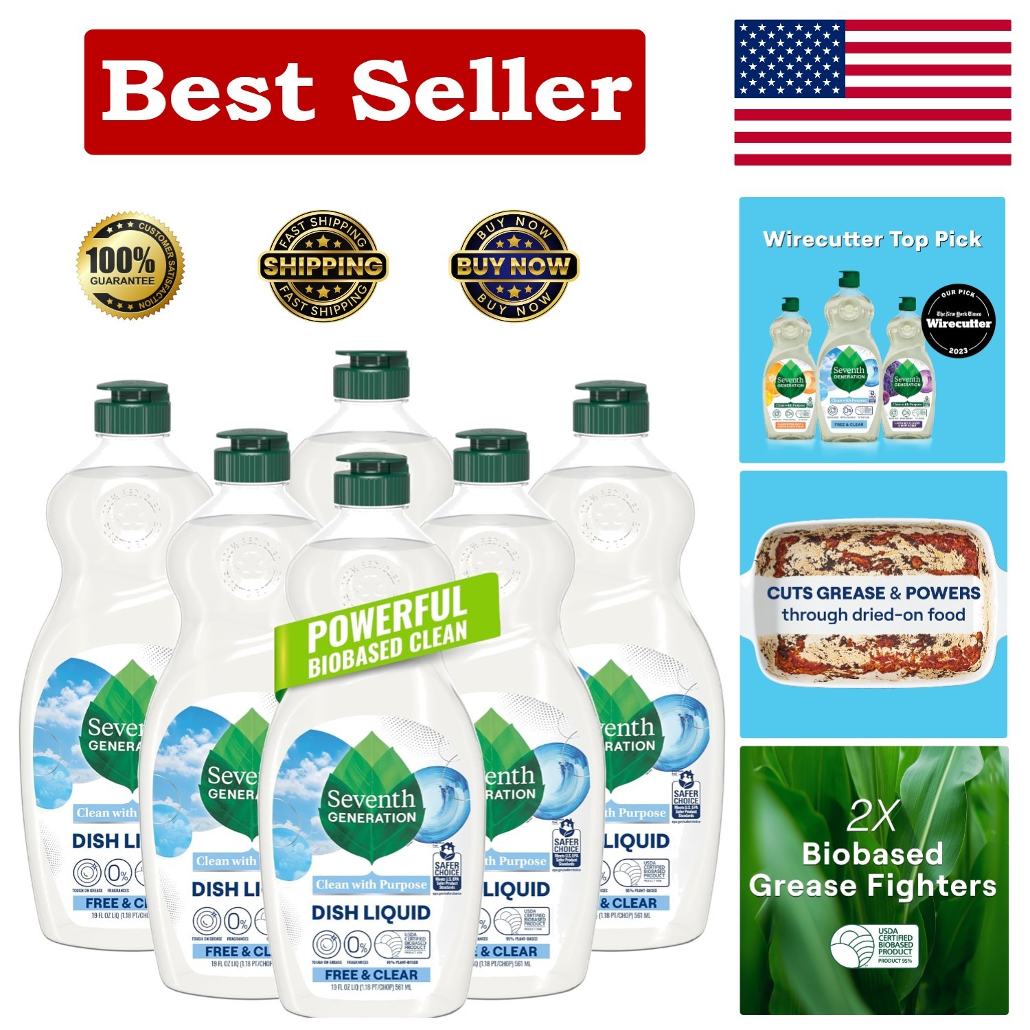 Pack of 6 Seventh Generation Dish Soap – Free & Clear, 19 oz, Safe for Families