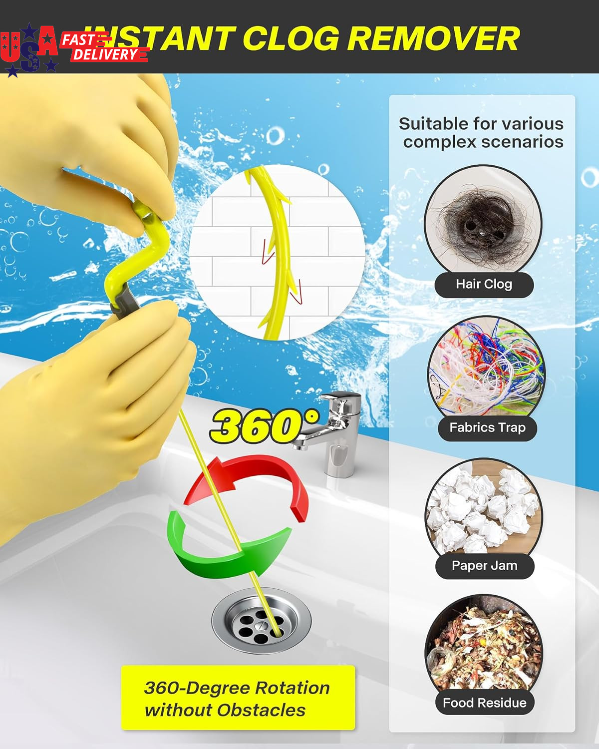 35Inch Drain Clog Remover, Drain Cleaner Hair Clog Remover with Rotating Handle