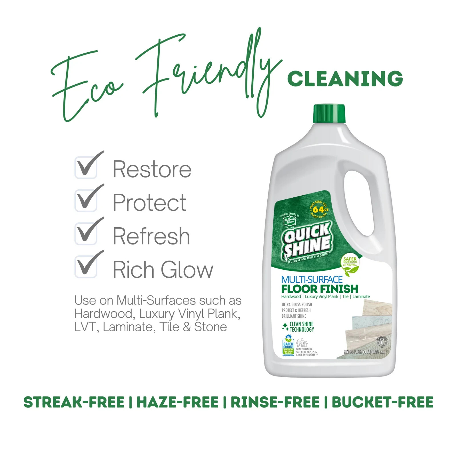 Quick Shine Liquid Multi-Surface Floor Finish, 64 fl. oz., Household Floor Clean