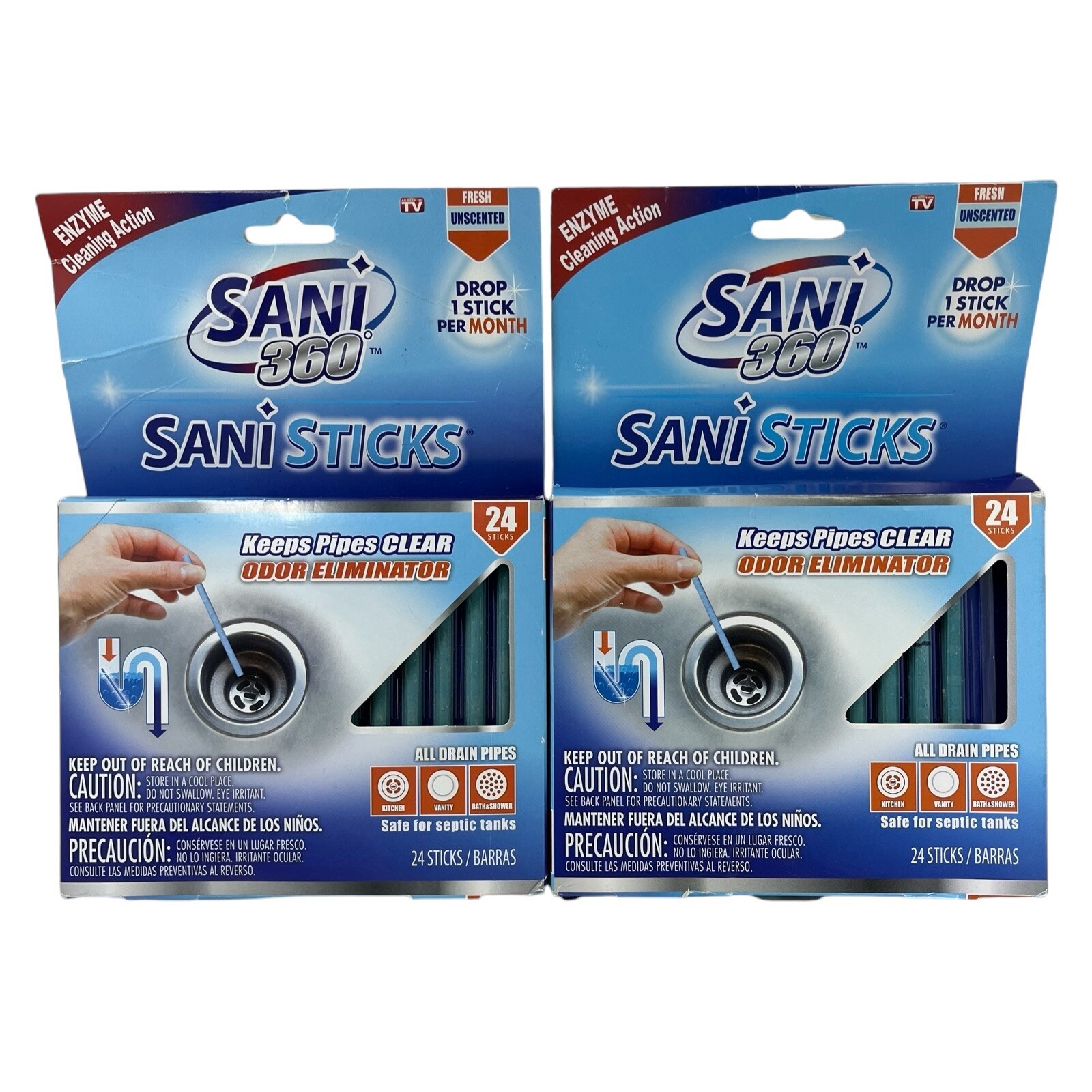 Sani 360 SaniSticks Keeps Pipes Clear Odor Eliminatore Unscented 24 EA Lot Of 2