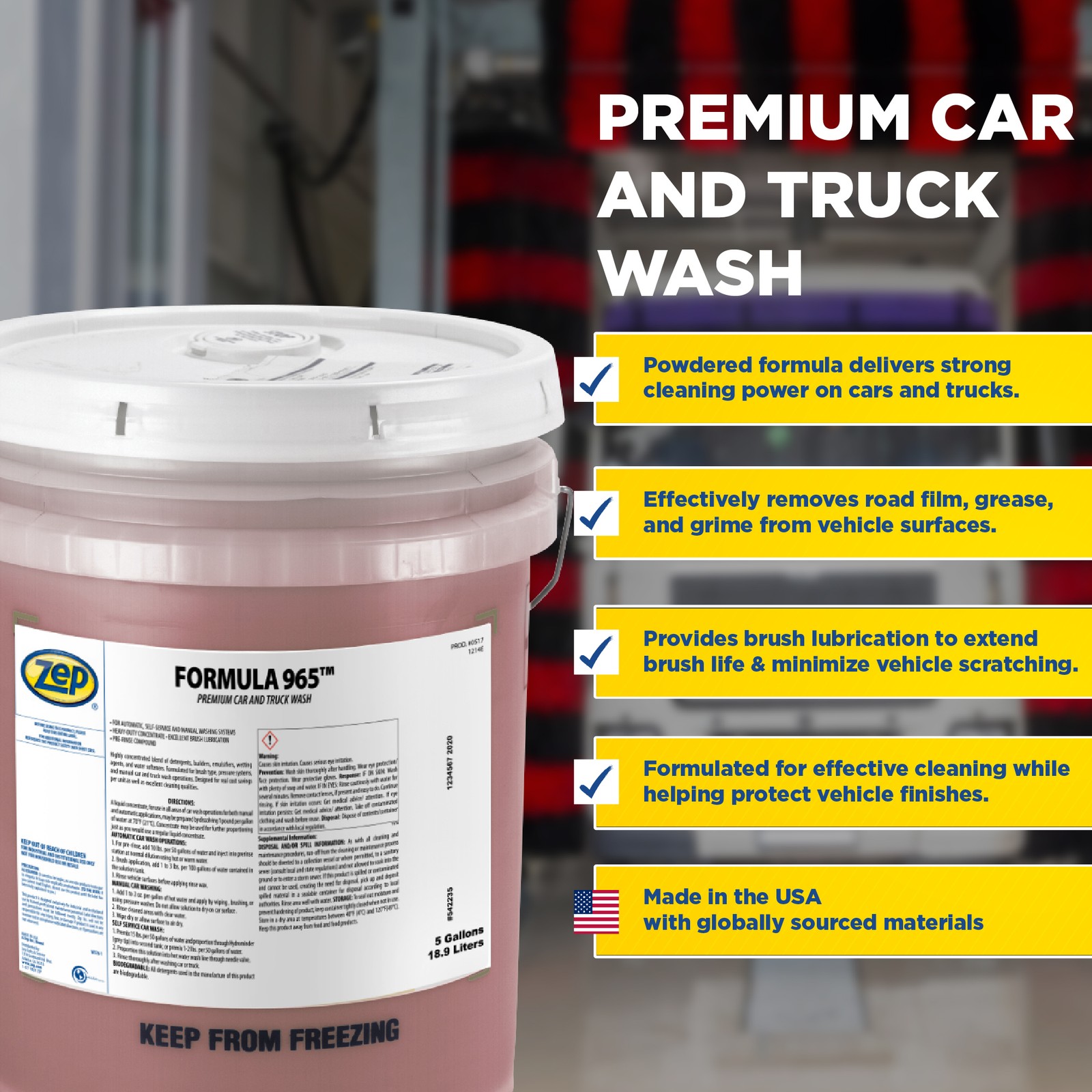 Zep Formula 965 Premium Car and Truck Wash – 5 Gallon Pail – 51733 – Prevents