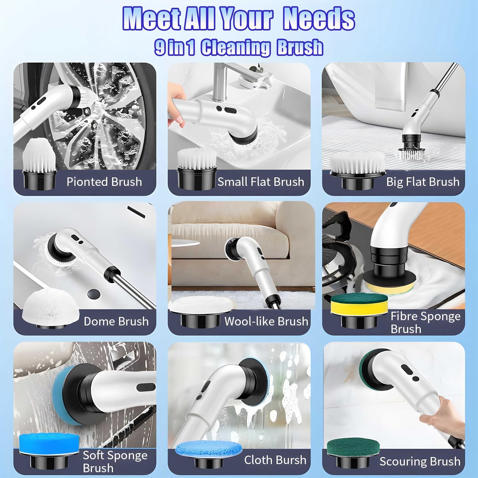 Electric Spin Scrubber, Cordless Bathroom Scrubber Brush with 9 Replaceable H…
