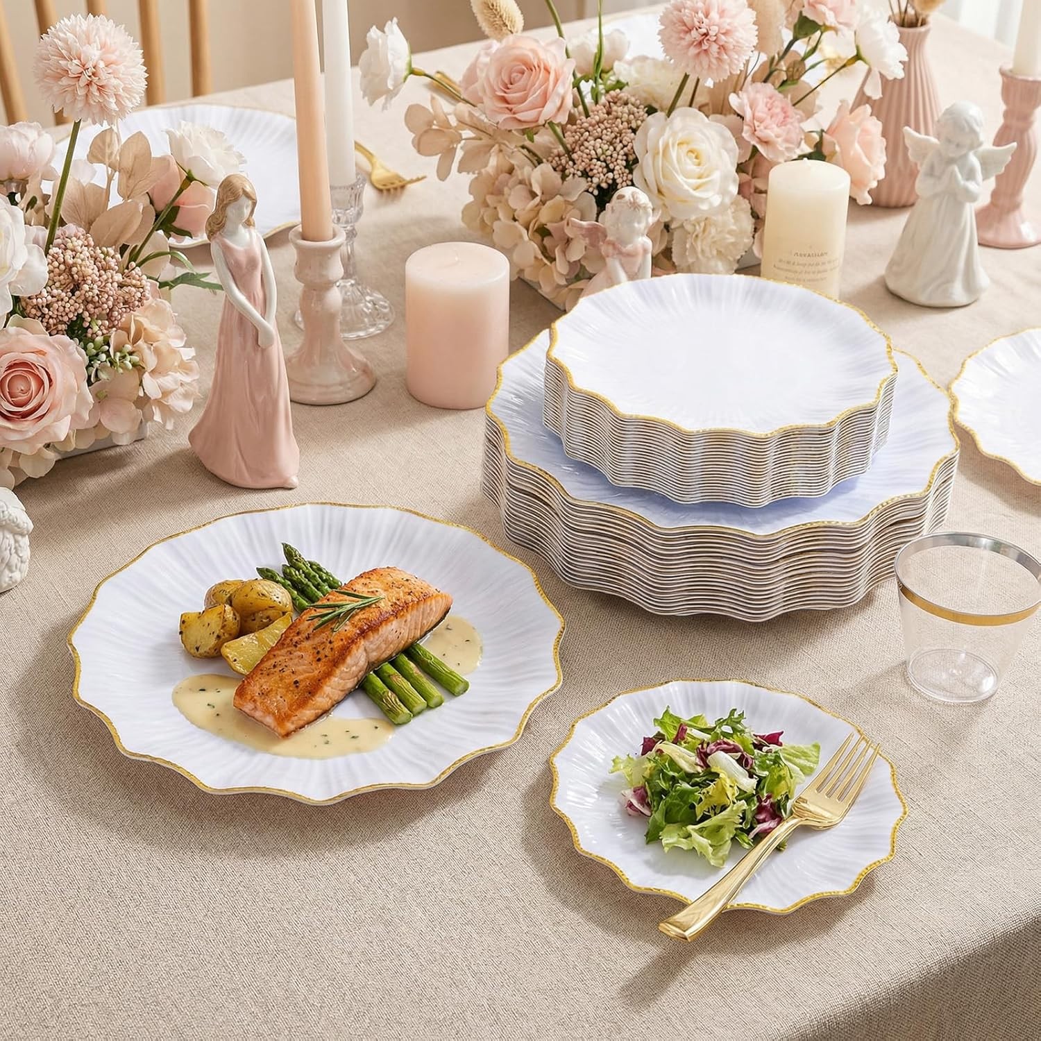 I00000 350 PCS White and Gold Plastic Plates for 50 Guests, Premium Scalloped