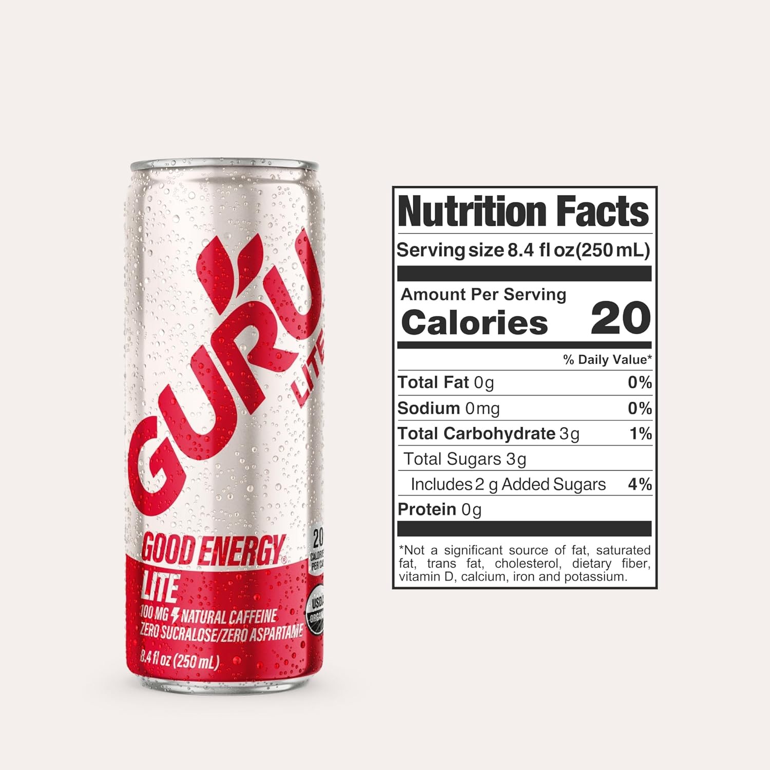 GURU Energy Drink Lite, Organic Sparkling Energy Drink with Real Fruit Juice,
