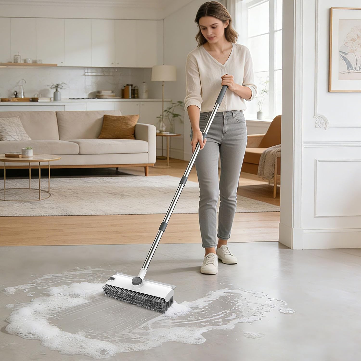 Adjustable Long Handle Floor Scrub Brush 3 in 1 Grey White Floor Scrubber