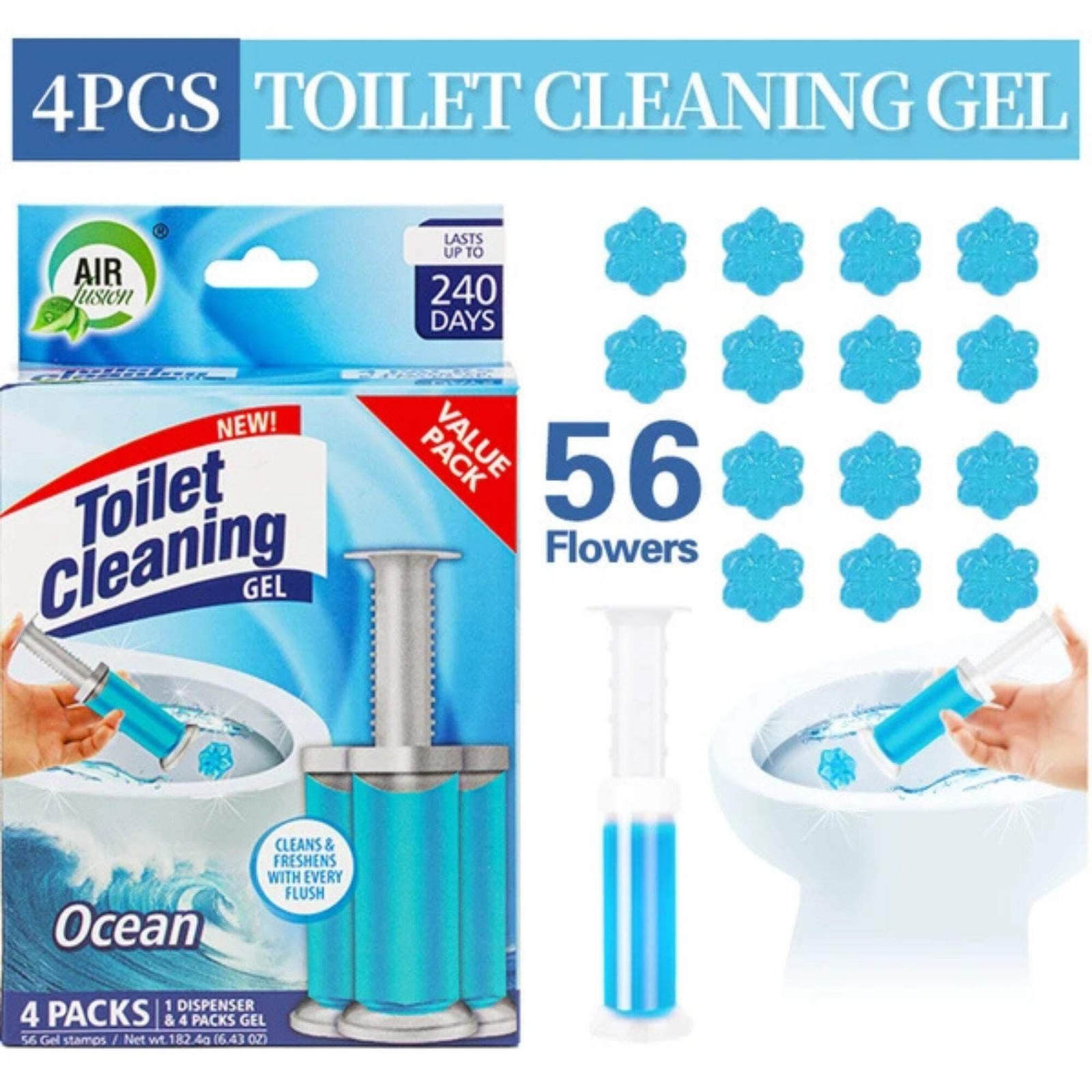 Air Fusion Ocean Fresh Scent Toilet Cleaning Gel 56 Stamps 6.43oz 4 Pack