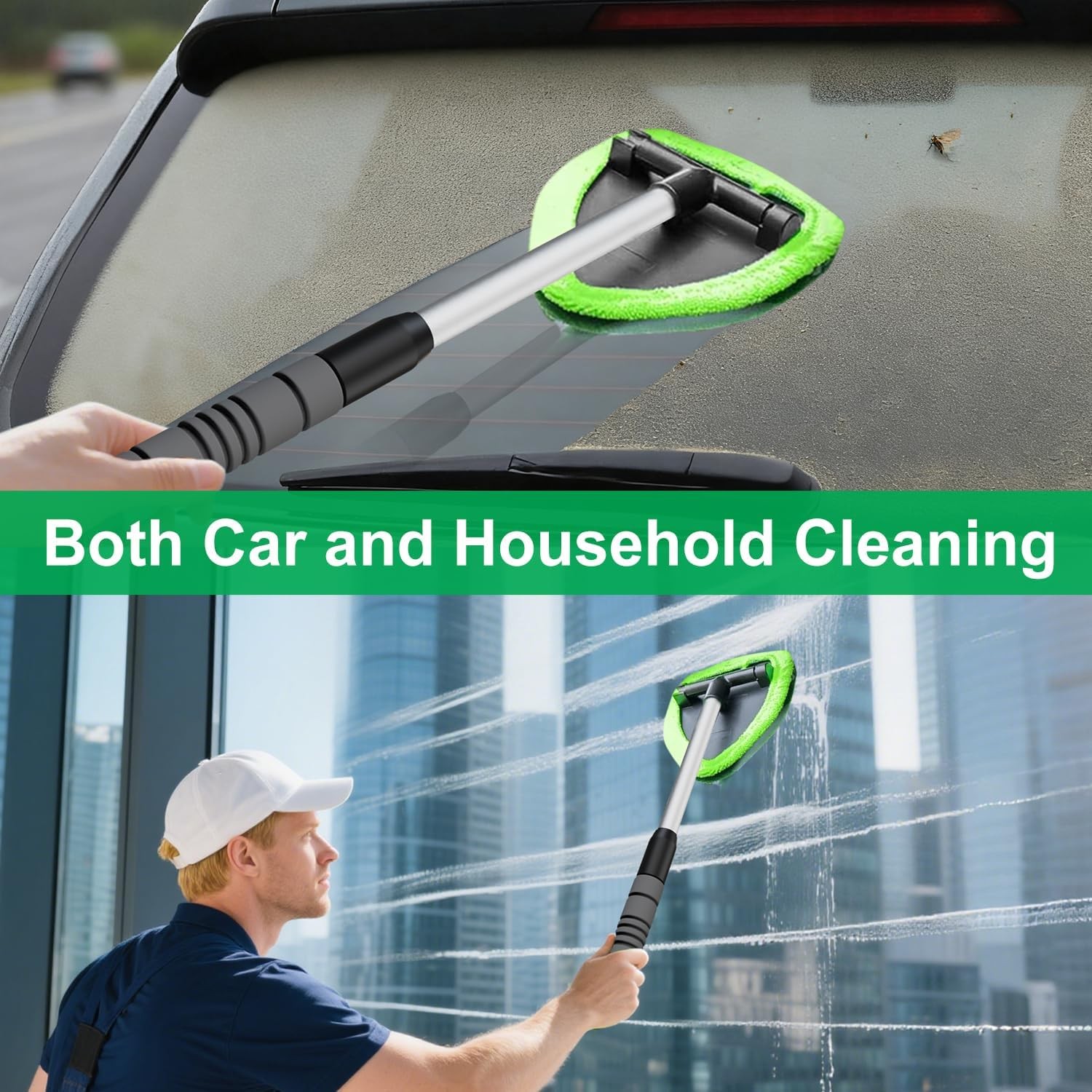 Windshield Cleaner Tool – Extendable Handle & 180° Swivel, Microfiber Pads Kit