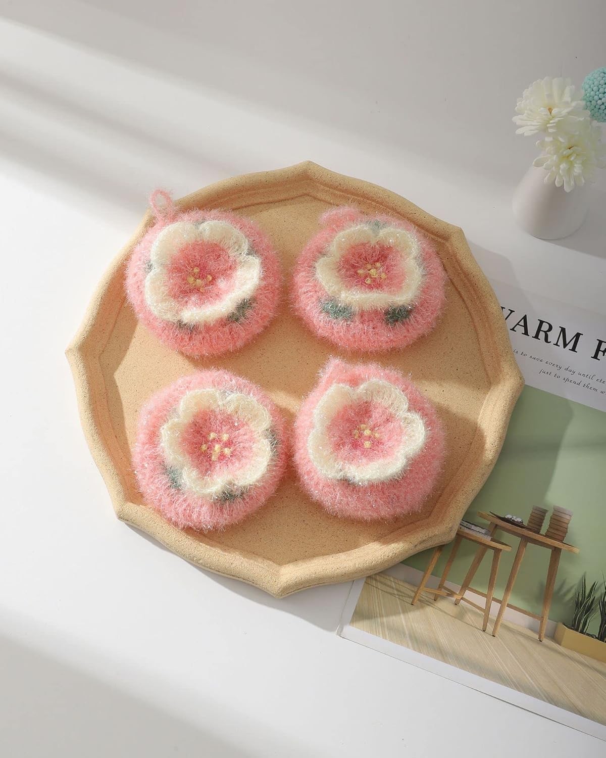 Cherry Blossom Shaped Acrylic Dish Scrubber, Flower Shaped Hand Crochet