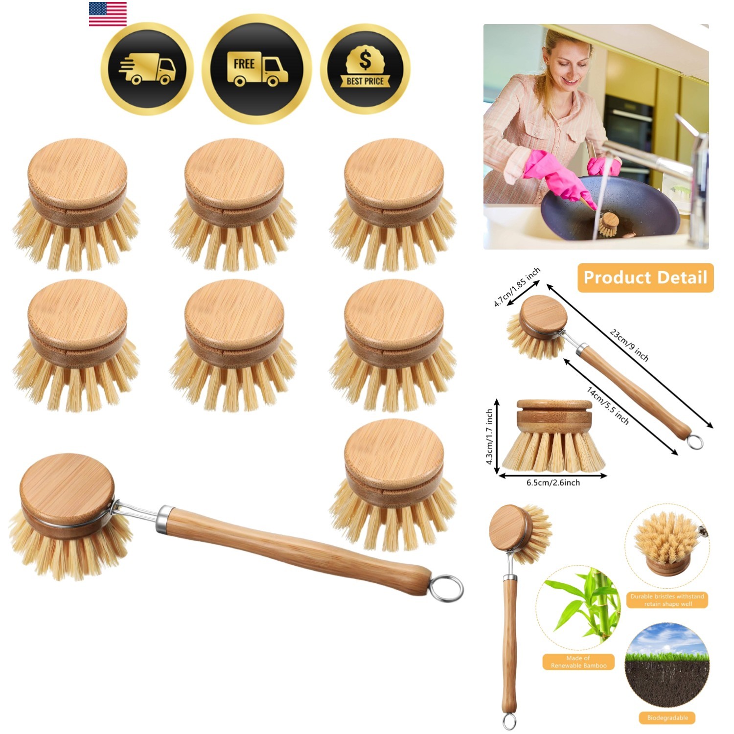 8 Pieces Dish Brush with Wood Handle, Natural Dish Scrubber Brush Set Include…