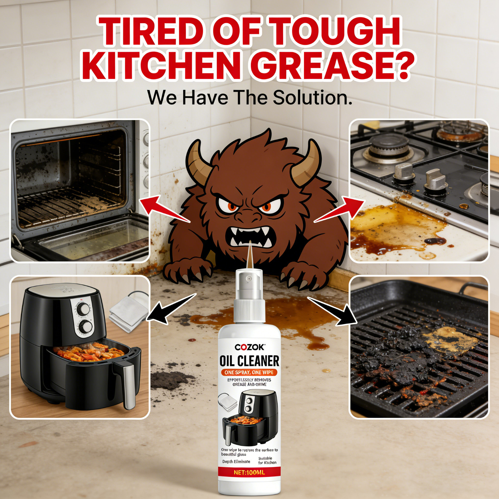 Kitchen All-Purpose Degreaser – One Spray One Wipe for Stove, Oven, Hood, Air Fr